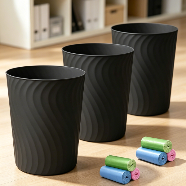 Black 1.8-Gallon Plastic Wastebasket 3-Pack Kitchen Office