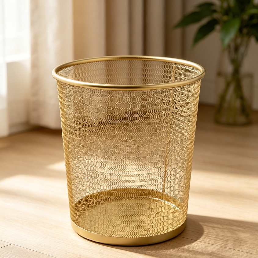 9 Gold 4.5-Gallon Metal Mesh Office Wastebasket - Image 1